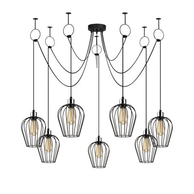 Lustre industriel noir avec hauteur réglable, 63 x 51,2 pouces | Corps en métal, 7 x douilles E27 (40 W maximum) | Comprend des instructions d'installation, une plaque de base de 7,9 pouces | Parfait pour les décors rétro et modernes