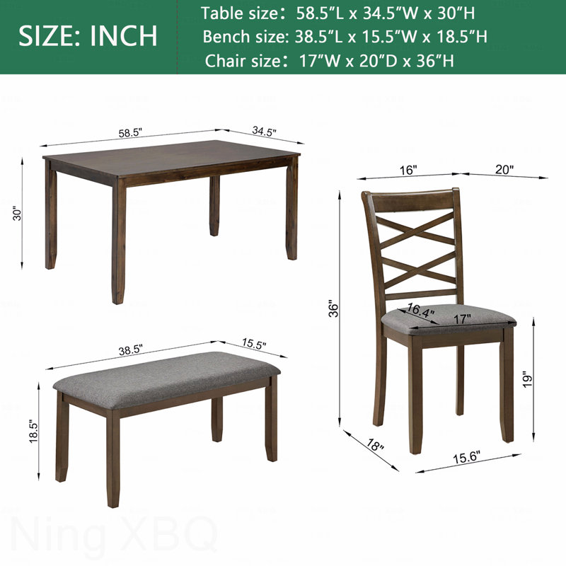 Ensemble de salle à manger 6 pièces en bois élégant: table rectangulaire et 4 chaises + banc, pour 6 personnes