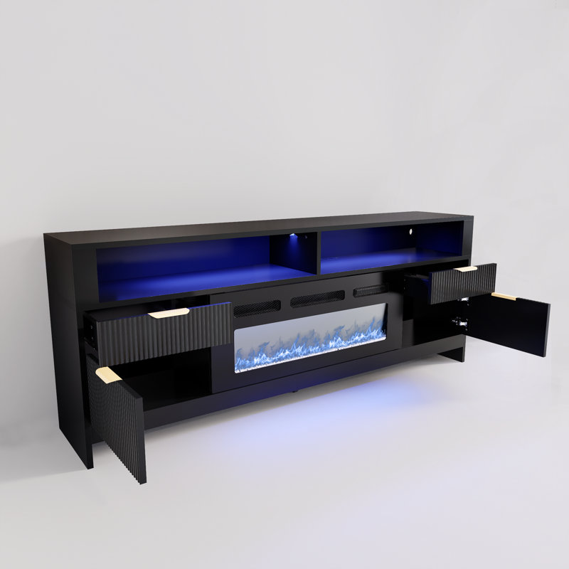 70" Modern Fireplace Tv Stand With Rgb Led Lights, Entertainment Center With Drawers, Cable Management, And Charging Ports For Tvs Up To 80", Black/white