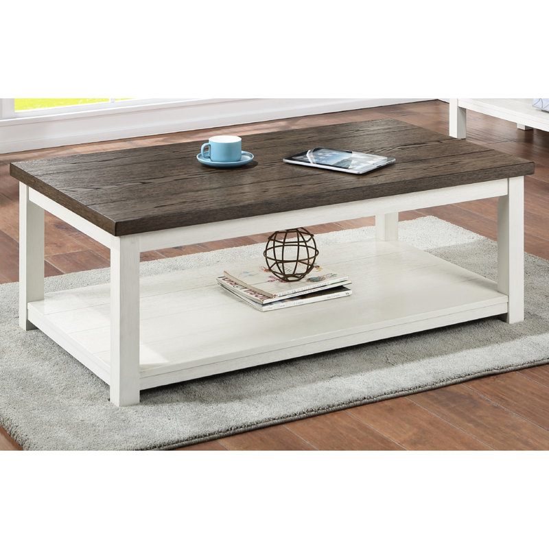 Table basse rectangulaire en brun et blanc, avec structure en bois, construction moderne de style ultra-moderne, solide