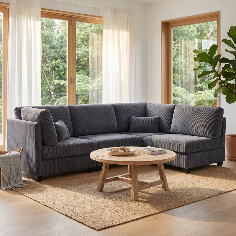 126" Modular Sectional Corner Sofa 4 Pieces Corduroy Deep Seat Cloud Couch With Pillows, Gray Corduroy