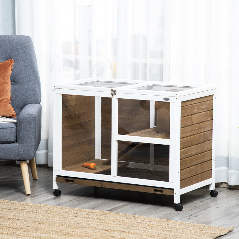 Cage à lapins d'intérieur avec roulettes, bureau et table d'appoint, bois brun imperméable pour les lapins, la propriété compacte et la petite nature