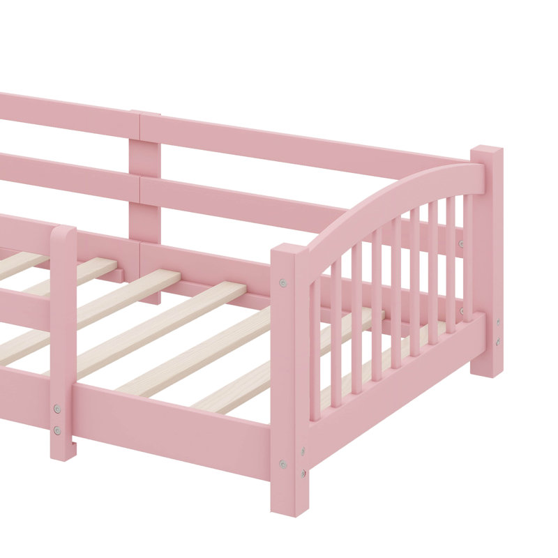 Twin-Sized Montessori-Style Floor Bed With Safety Railings, Wooden Bed With Slats And Enclosure, No Door Provided, Twin, Pink
