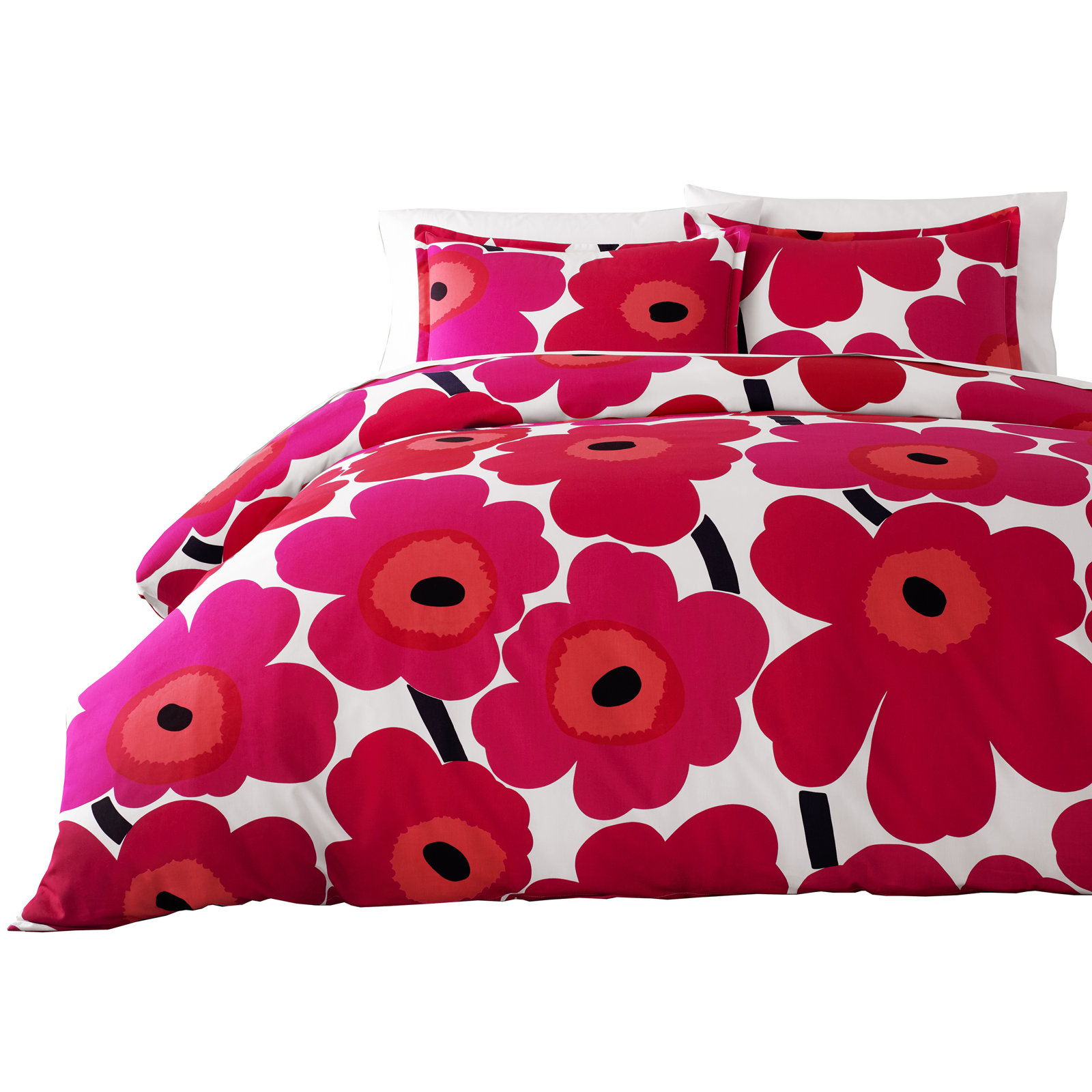 Marimekko Unikko Cotton Red Duvet Cover Set, Queen Duvet Cover + 2 Shams, Red/Pink