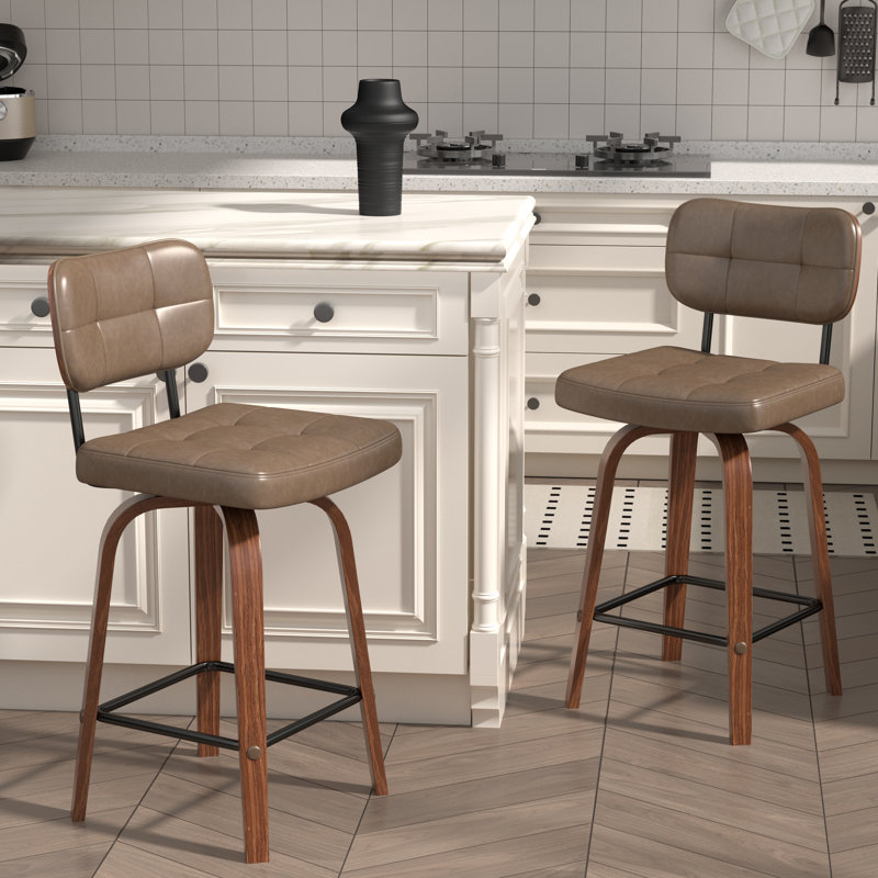 Tabouret de bar pivotant en bois courbé avec siège en similicuir (ensemble de 2), Caramel