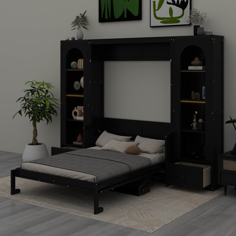 Grand lit escamotable avec bureau, lit mural horizontal avec armoires latérales de rangement, tiroirs et lumière DEL, Noir