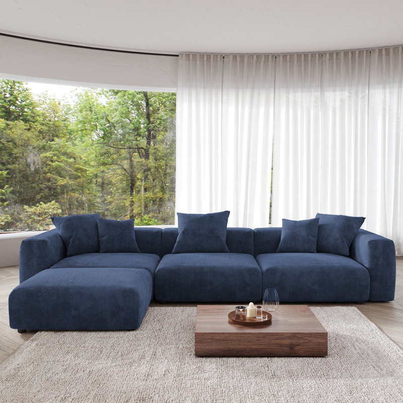 Modern Modular Slipcovered Corduroy L-Shaped Slipper Sofa, Blue Corduroy