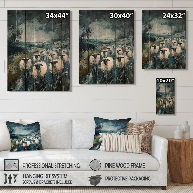 «Stormy Pasture Of Sheep IV» - Art mural en bois de mouton - sur bois de pin naturel, H 40 po x l 30 po x P 0,78 po