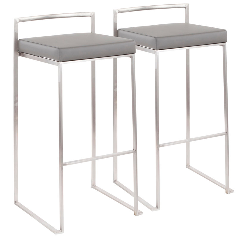 Fuji Contemporary Stackable Barstool In Stainless Steel With Grey Faux Leather Cushion By Lumisource - Set Of 2, White, 2