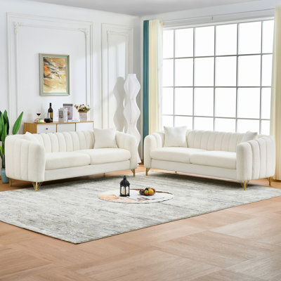 Canapé surdimensionné en chenille, canapé de luxe 3 places + canapé profond 3 places, conception moderne capitonnée avec pieds en métal doré pour le salon, la chambre à coucher et un appartement (blanc)