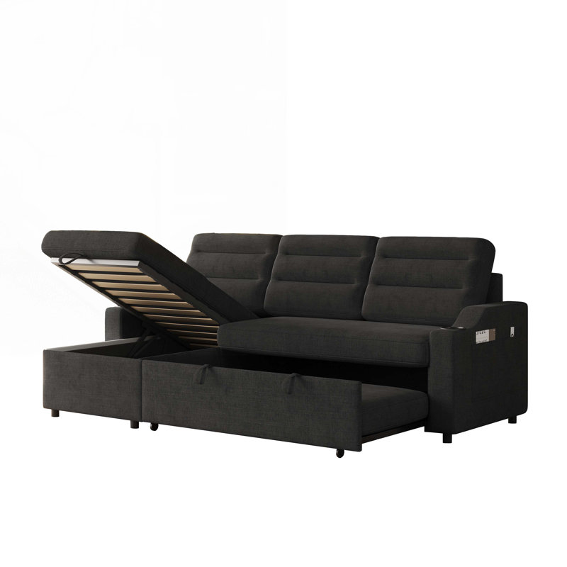 85.8" Sleeper Sofa with Pull Out Bed with Charging Port,Storage Space, Black