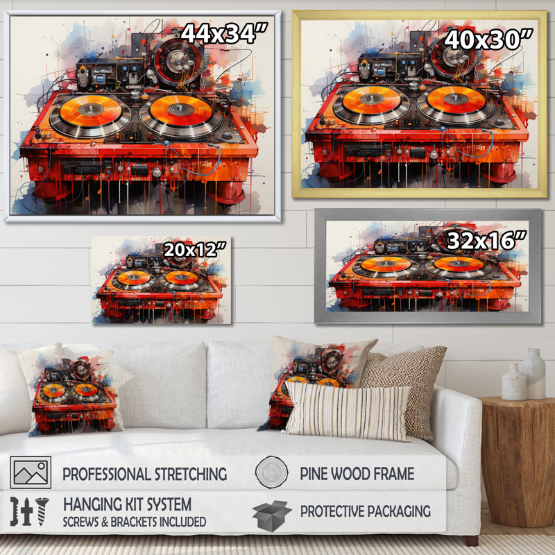 «Abstract Turntables Music Boom Boxes I», reproduction d'art sur toile, H 24 po x l 32 po x P 1 po, Cadre flottant doré