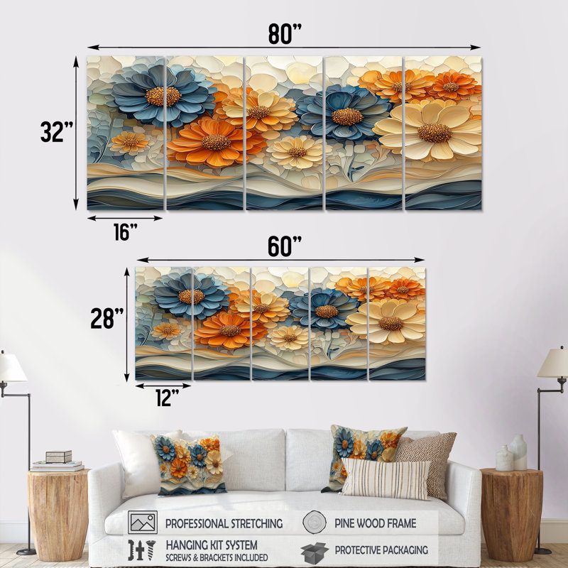 Barrington - art mural Zinnias - décoration murale traditionnelle 5 pièces, H 28 po x l 60 po