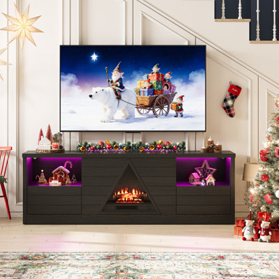 67" Fireplace TV Stand with LED Lighting, Triangle Electric Fireplace Entertainment Center with Storage
