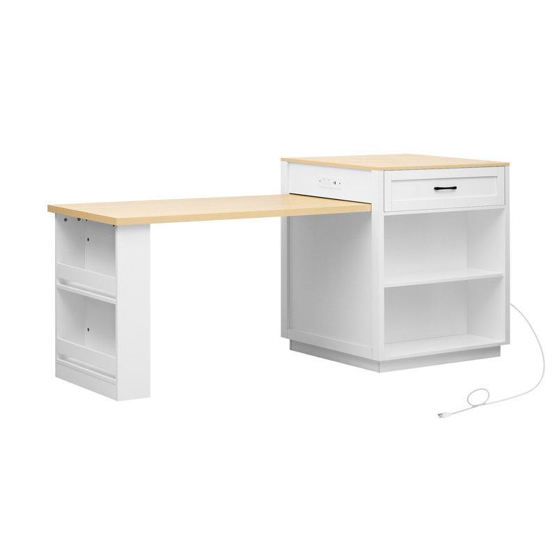82.7 Inch Kitchen Island With Extendable Table For 2-6, White, Double Storage, 2 Drawers, Side Shelves, Timeless Design Dining White Wood Grain, Double Ac Outlets, 1 , Type-C, Drawers