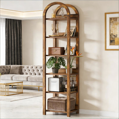 Bibliothèque arquée à 6 niveaux, conception sophistiquée pour les coins de lecture, s'adapte à différents étagères polyvalentes, grain de bois brun, unité de rangement mince, conception verticale compacte, économie d'espace