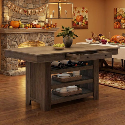 Table de salle à manger à hauteur de comptoir pour 4 à 6 personnes, table de cuisine haute de hauteur bar en bois avec support à vin profond et 2 tiroirs et tablettes, grande surface de table épaisse pour la cuisine, bar, robuste