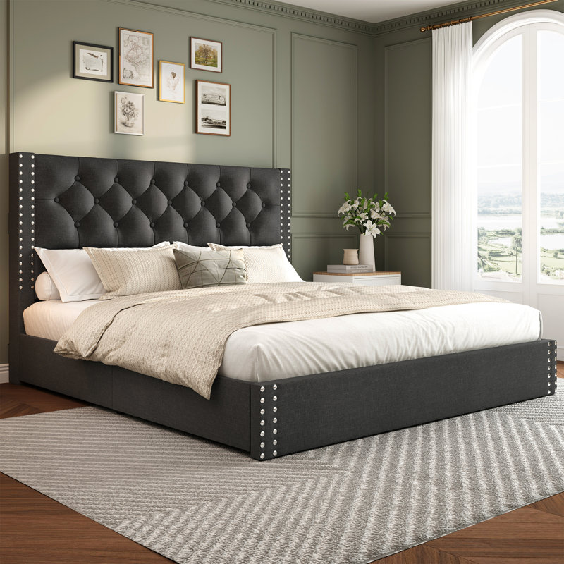 Lit plateforme tapissier avec rangement Kevyon, Lit double, Gris foncé