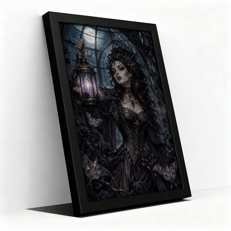 Impression sur toile, "Mauve gothique" avec lanterne et papillons de nuit, H 30 po x l 20 po