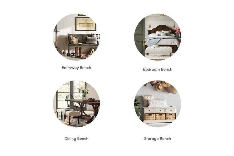 bench designs collage with types of benches, including entryway benches, bedroom benches, dining benches, and storage benches