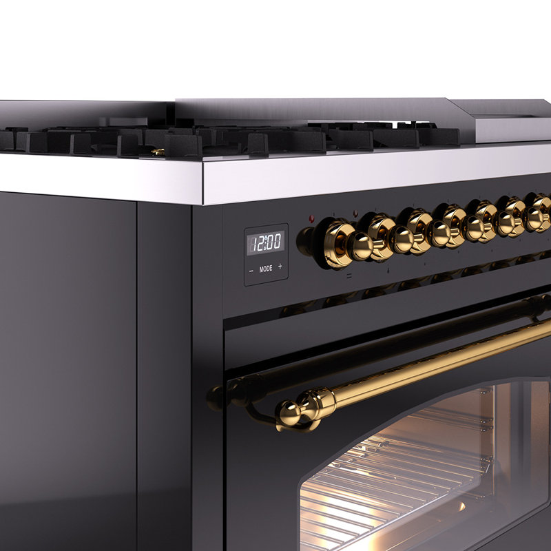 ILVE Nostalgie II 48 Dual Fuel Range , Glossy Black/Brass, Liquid Propane