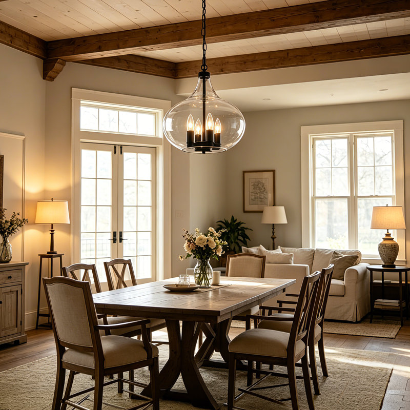 Luminaire suspendu de style campagnard à 4 lumières avec abat-jour en verre transparent de 13,39 po pour salle à manger