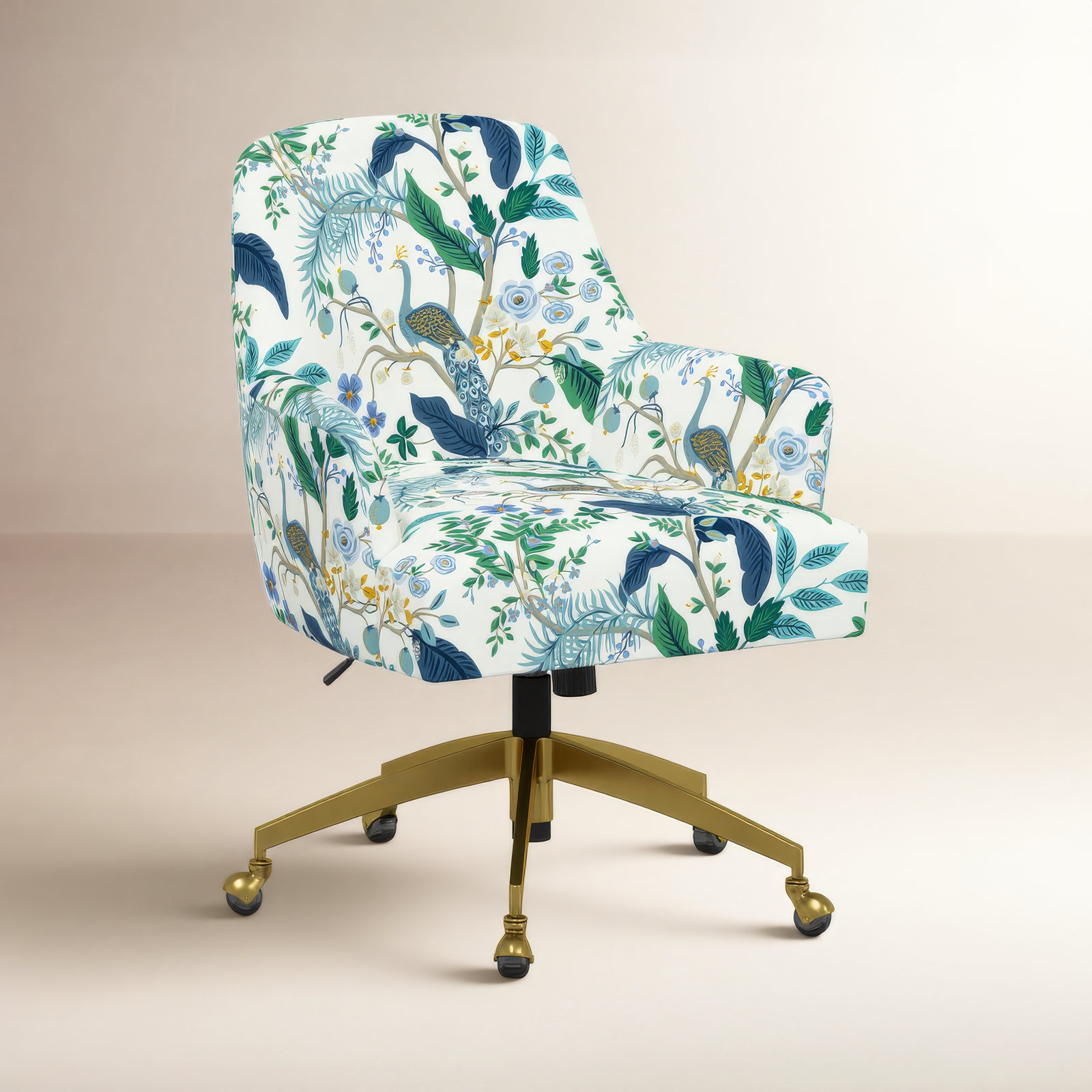 Rifle Paper Co. x Cloth & Company Yvette Chair, Rpc Peacock Blue & White Linen, Brushed Gold