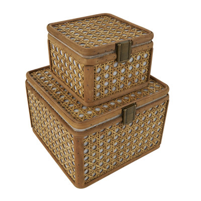 Dharshini Rattan Handmade Woven Rattan Decorative Brown Box with Bronze Latches Set