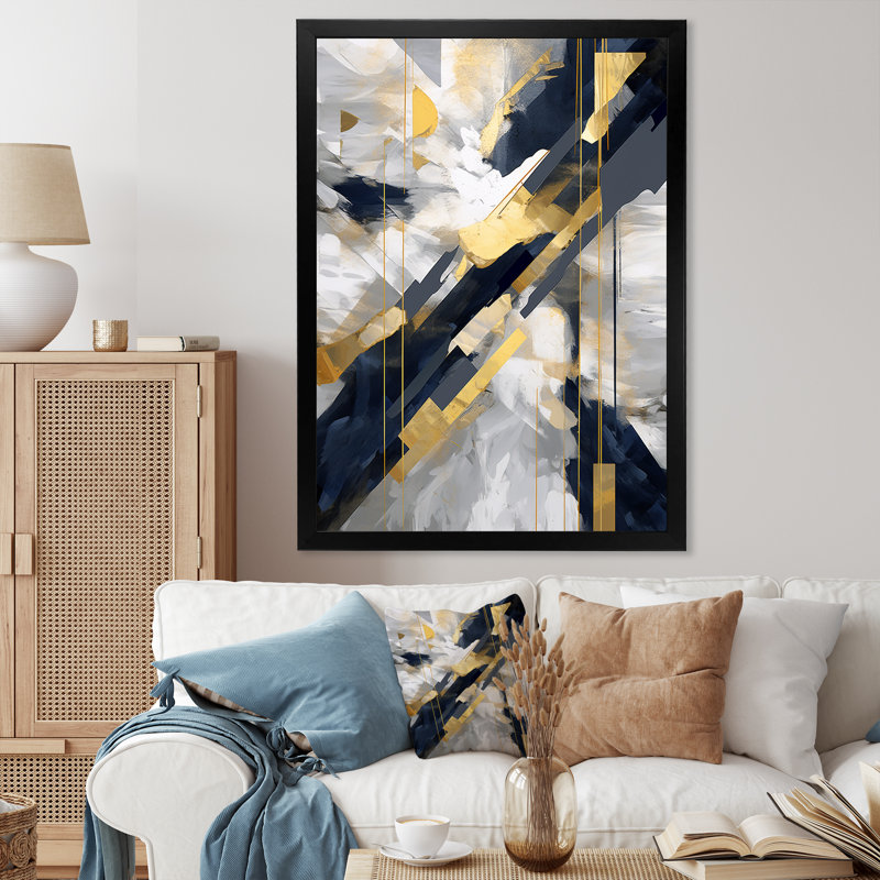 Abstrait or et combat noir I - Formes abstraites, impressions sur toile, Cadre simple noir, H 32 po x l 24 po x P 1 po