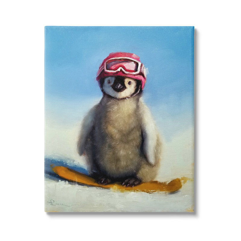 «Snowy Penguin Chick Snowboarding», lunettes de sport rouges par Lucia Heffernan, Toile tendue, L 24 po x H 30 po