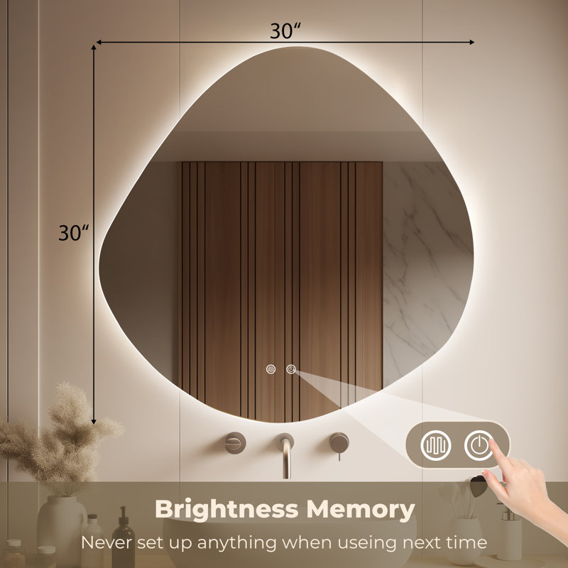 Miroir DEL pour salle de bain asymétrique 30 po x 30 po, 30 po x 30 po