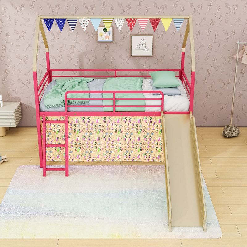 Twin Metal Loft Bed With Curtain, Slide And Ladder, Gold/Red