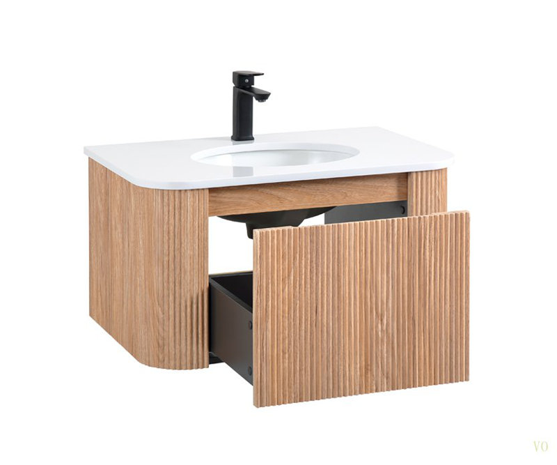 Meuble-lavabo mural de 30 po avec lavabo au design incurvé, finition en bois à texture ondulée, marbre de culture intégré pré-assemblé, meuble-lavabo flottant moderne avec tiroir à fermeture en douceur