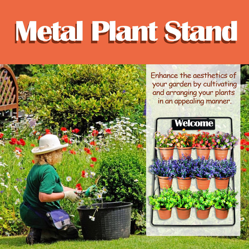 Black Metal 3-Tier Plant Stand with 12 Terracotta Pots