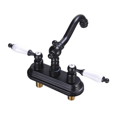 Black Polished Centerset Faucet 4" L Double Handles Labeled Hot and Cold