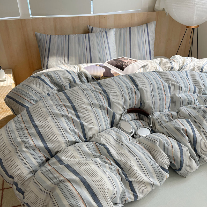 Farmhouse Colorful Pinstripe Washed Cotton Duvet Cover Set, King Duvet Cover + 2 Pillowcases, Blue/White