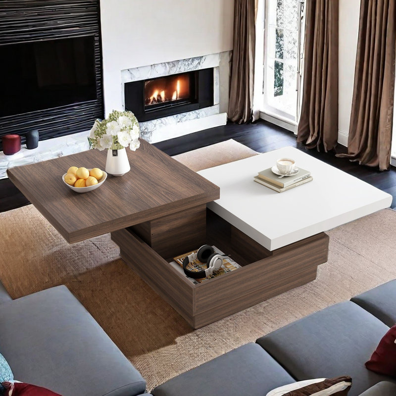 Sarisha Modern Square Coffee Table with Rotatable Top, Two Colors Matching and 1 Hidden Storage Space, White