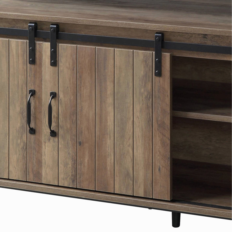 Meuble télé rustique en chêne rustique et noir avec porte de grange coulissante