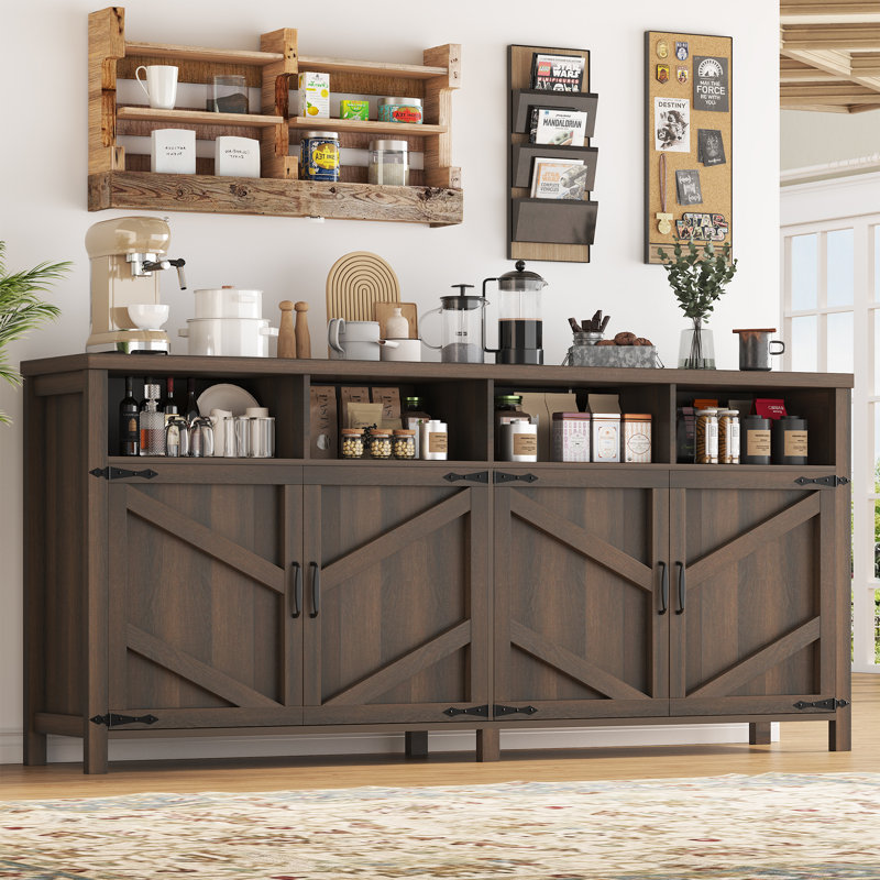 Buffet 63 "avec 4 portes et rangement ouvert, grande armoire de cuisine de ferme, armoire à café avec tablettes réglables pour la salle à manger, vestibule, buffet, brun