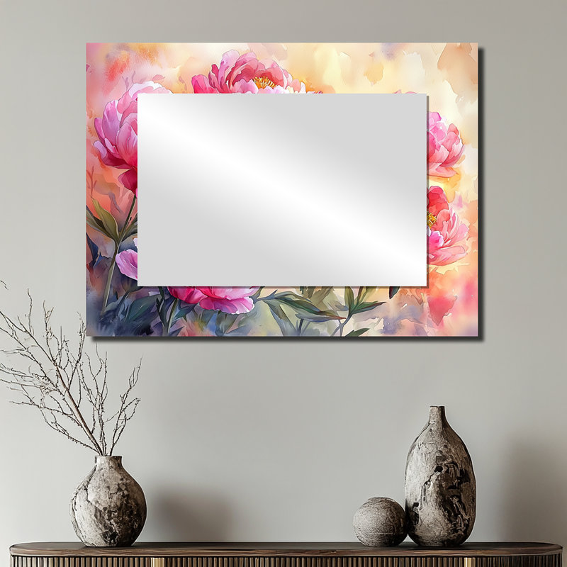 Pivoines au soleil levant II - miroir floral pour décoration murale - imprimé sur métal, 24 po x 32 po