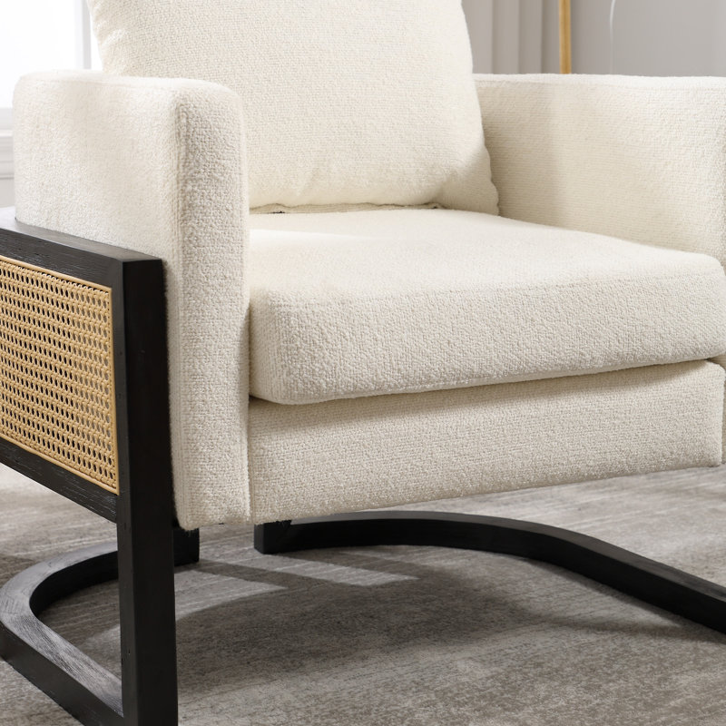 30.9" W Rattan and Wood Wide Armchair Upholstered Barrel Chair, White Faux Fur Cushion/Black Frame