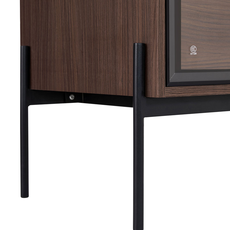 Armoire de rangement à DEL avec verre trempé. Moderne pour le bureau, la maison. Pieds en métal, fabrication. 4 tablettes réglables, 2 tiroirs, noir et tablette de présentation en verre noyer foncé. Salle d'étude de style.