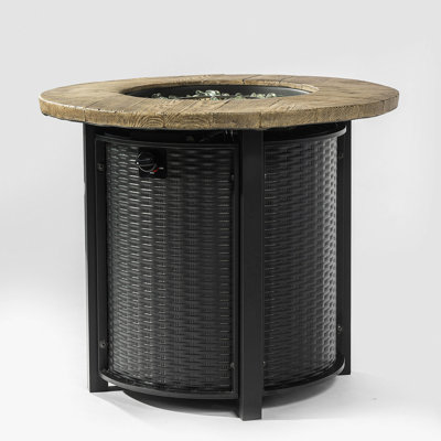 30" Propane Gas Fire Pit Table, 50000 BTU Round Steel Fire Pit With Imitation Wood For Outside Patio Deck Garden Backyard