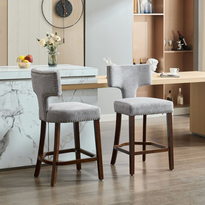 Mid Century Modern Counter Height Bar Stools Set Of 2, Farmhouse Linen Fabric Upholstered Accent Chair Curved Backrest With Copper Nails Around,Kitche by Corrigan Studio