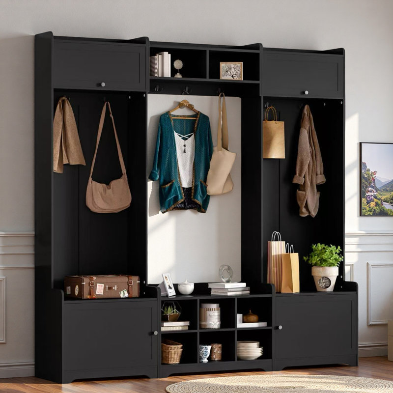 4-in-1 Modern Hall Tree With Shoe Storage, Cubbies, Coat Hooks And Adjustable Shelves, Black