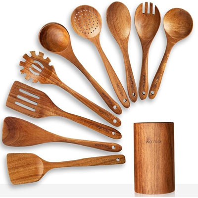 Cuillères en bois pour la cuisine, ensemble d'ustensiles de cuisine en bois, ensemble d'ustensiles de cuisine en bois 10 pièces avec cuillères en bois (A10)