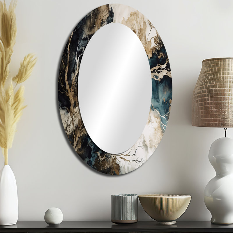 Pallavi, bleu, beige, marbré, Dreamscape I - miroir décoratif géométrique, miroir mural moderne, impression d'art en métal