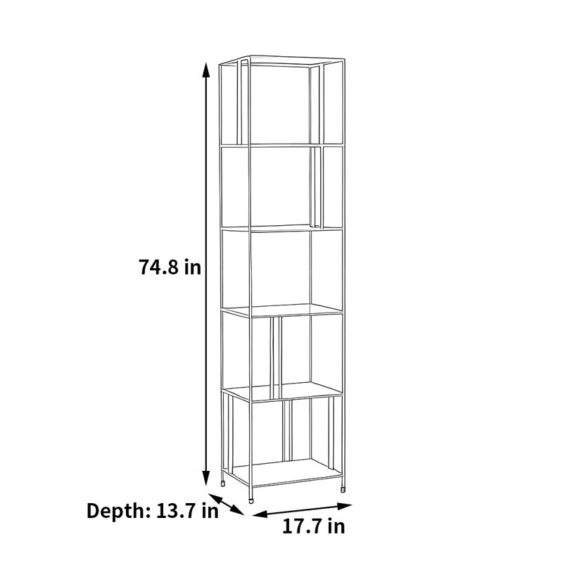 Une belle bibliothèque de haute qualité, Doré, (5 tablettes) H 74,8 po x l 17,7 po x P 13,7 po