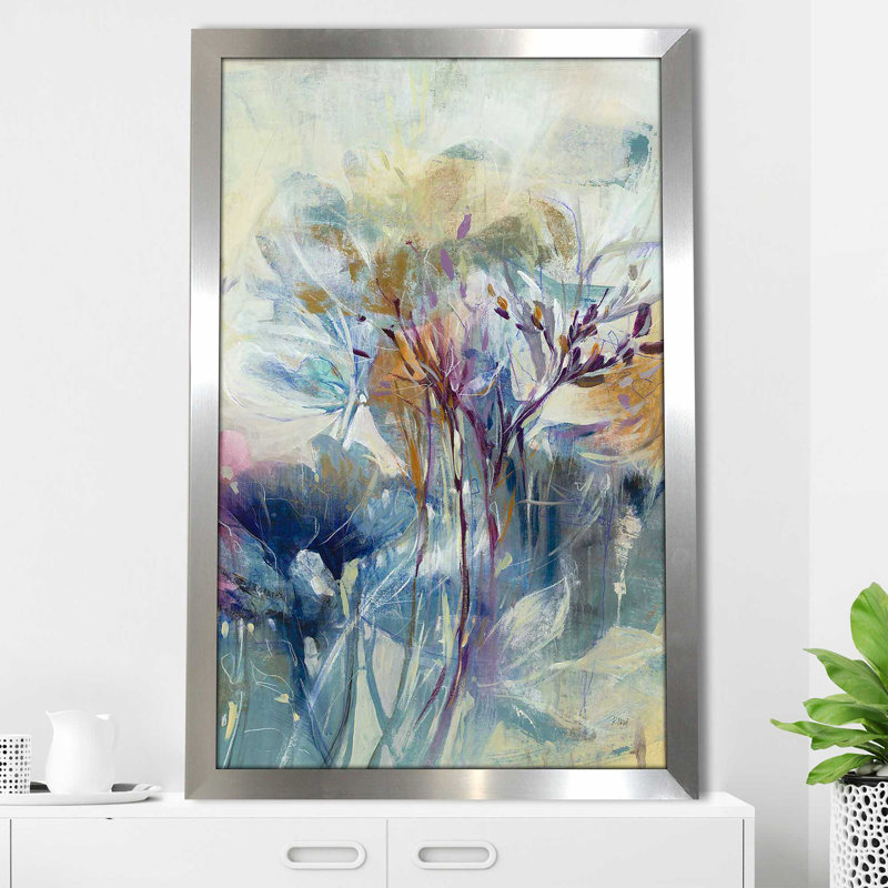 «Meadow Safran II» par K.Nari - Peinture, Encadrement argenté, H 39,5 po x l 27,5 po x P 0,75 po