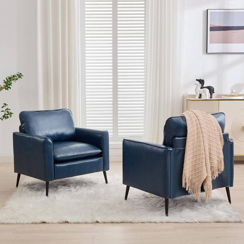 32In Wide Faux Leather Armchair (Set Of 2), Blue Faux Leather